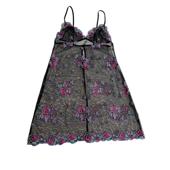 Victoria's Secret Floral Embroidered Sheer Mesh Slip Dress in Black